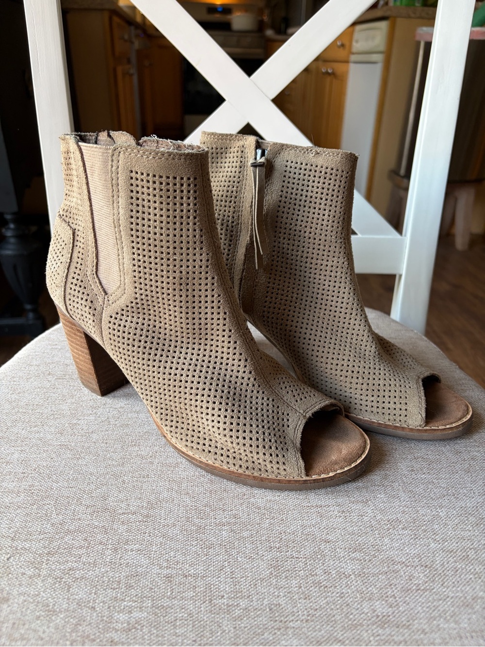 Toms Perforated Open-Toe Ankle Booties in Taupe